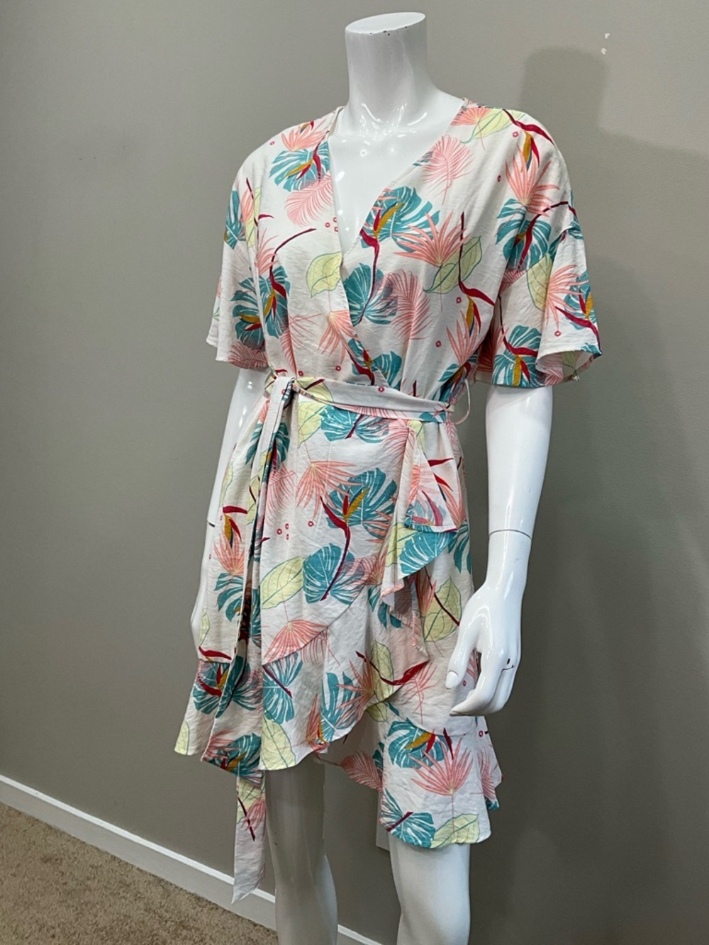 ENTRO Tropical Wrap Dress Boho Chloé Inspired Ruffle Mini Dress L